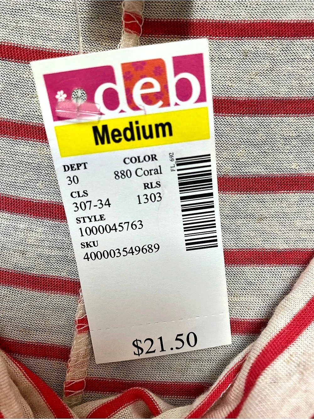 deb Striped Cowl Neck Rayon Tee in Red & Cream Size Medium NWT - Picture 5 of 8